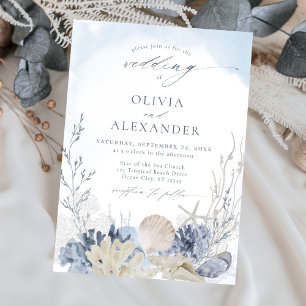 Boho Waterverf Strand Elegant Blauw Huwelijk Kaart