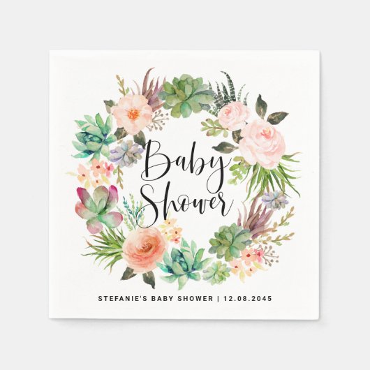 Boho Waterverf Succulent Krans Baby shower Servet (Voorkant)