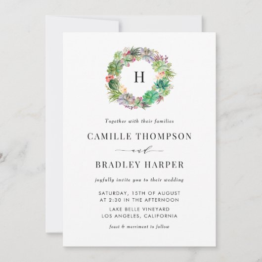 Boho Waterverf Succulents Wreath Floral Wedding Kaart (Voorkant)