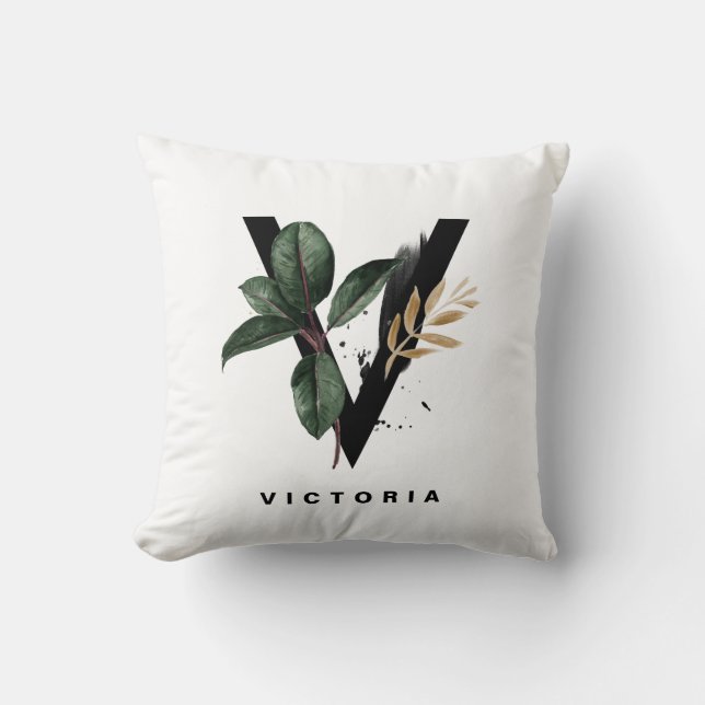 Boho Waterverf Tropical Leaves Letter v Monogram Kussen (Voorkant)