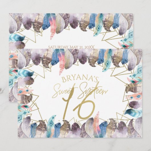 Boho Waterverf Veren Goud Zoet 16 Uitnodigingen (Voorkant / Achterkant)