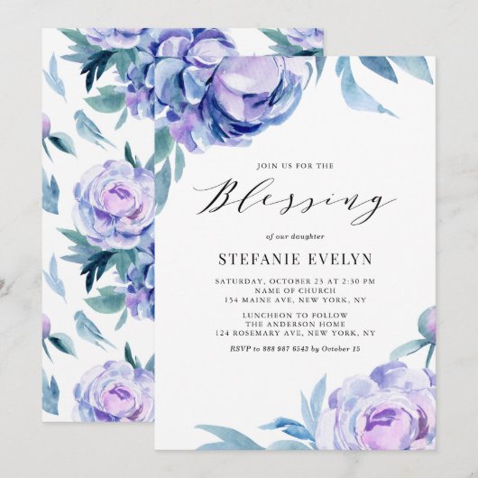 Boho Waterverf Violet Peony Flowers Baby Blessing Kaart (Voorkant / Achterkant)