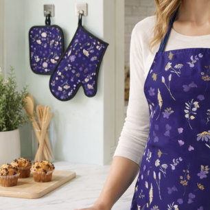 Boho Waterverf Wilde Bloemen Navy  Ovenwant & Pannenlap Set