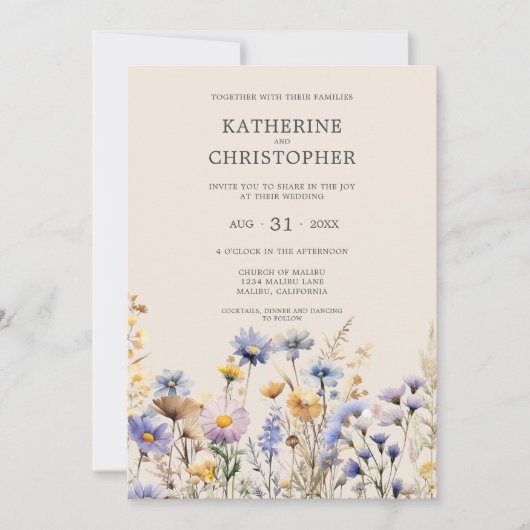 BOHO Waterverf Wildflower Elegant Beige Bruiloft Kaart (Voorkant)