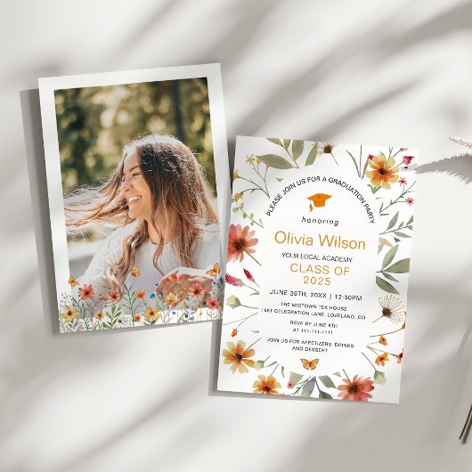 Boho Waterverf Wildflower Foto Afstudeerfeest Kaart