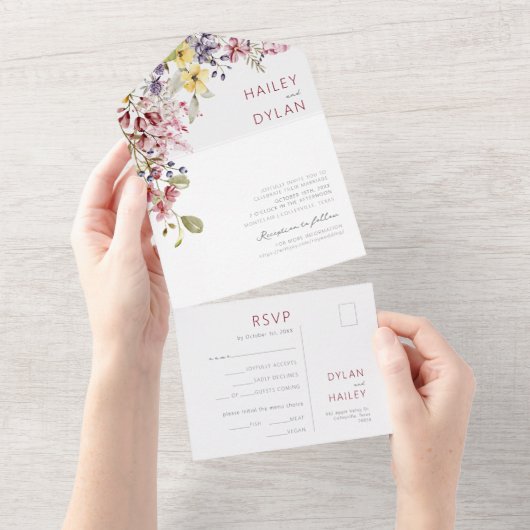 Boho Waterverf Wildflower Meadow Bruiloft All In One Uitnodiging (Afscheurbaar)