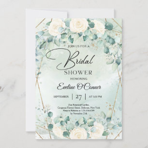 Boho waterverf witte rozen eucalyptus goud lijst kaart