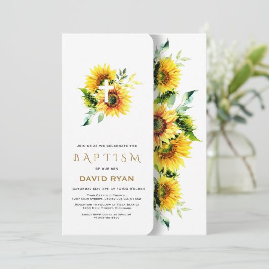 Boho Waterverf Zonnebloemen Kruis Jongens Doop Kaart (Staand voorkant)