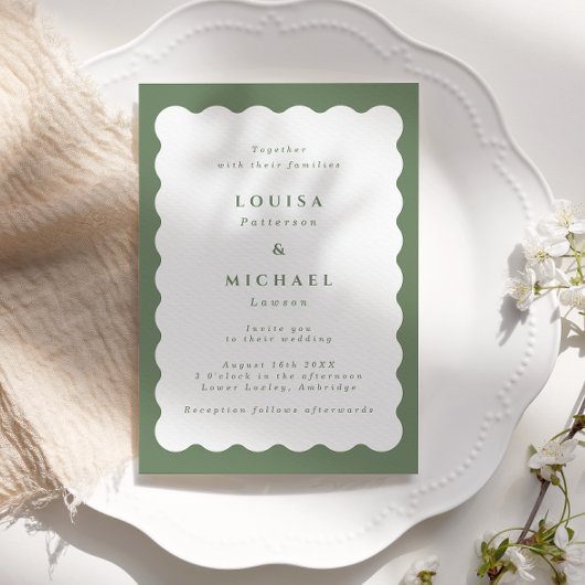 Boho Wavy Border Green & White Wedding Kaart