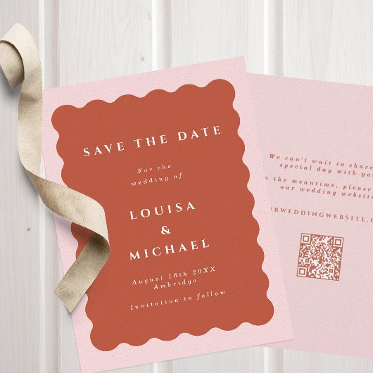 Boho Wavy Terracotta & Blush QR Code Weddenschap Save The Date