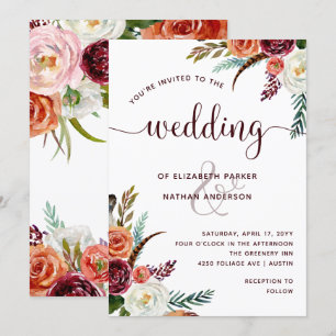 Boho Wedding Bourgogne Sinaasappel en witte bloe Kaart