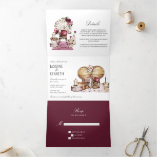 Boho Wedding Burgundy Pink Floral  Elements Drieluik Uitnodiging