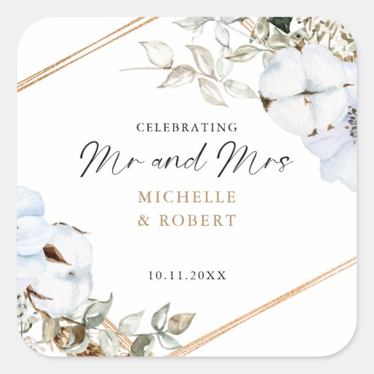 Boho Wedding Celebrating Mr & Mrs Custom Floral Vierkante Sticker (Voorkant)