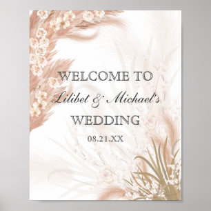 Boho Wedding Coral Roos Pampas Grass Waterverf Poster