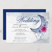 Boho Wedding Esoteric Navy Custom Crescent Moon Kaart (Voorkant / Achterkant)