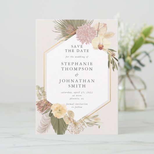Boho Wedding Pampas Grass Orchid Save the Date Kaart (Staand voorkant)
