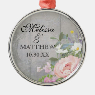 Boho Wedding Rustic Floral Peony Daisy Wood Names Metalen Ornament