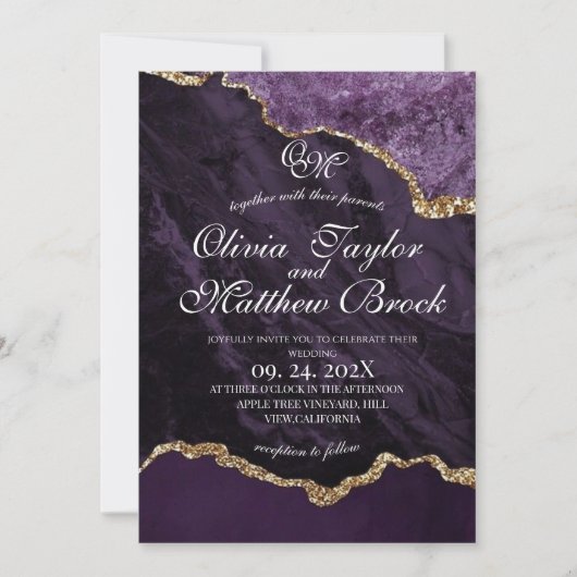 Boho Wedding Scrip Agaat Paarse en Goud Kaart (Voorkant)