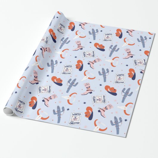 Boho Western Kerstmis - blauw Cadeaupapier (Uitgerold)