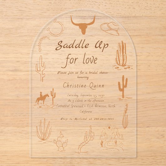 Boho Western Saddle up Cowboy Vrijgezellenfeest Acryl Uitnodigingen (Voorkant)