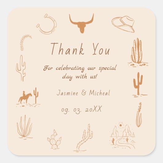 Boho Westerne Cowboy Illustratie Trouwen Vierkante Sticker (Voorkant)