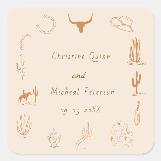 Boho Westerne Cowboy Illustratie Trouwen Vierkante Sticker (Voorkant)