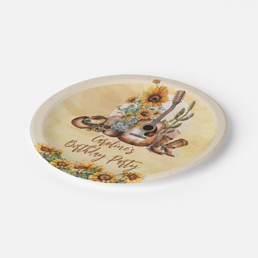 Boho Westerne gitaar Zonnebloemen Verjaardagsfeest Papieren Bordje (Gekanteld)