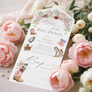 Boho Westerne Waterverf Little Cowgirl Baby shower All In One Uitnodiging