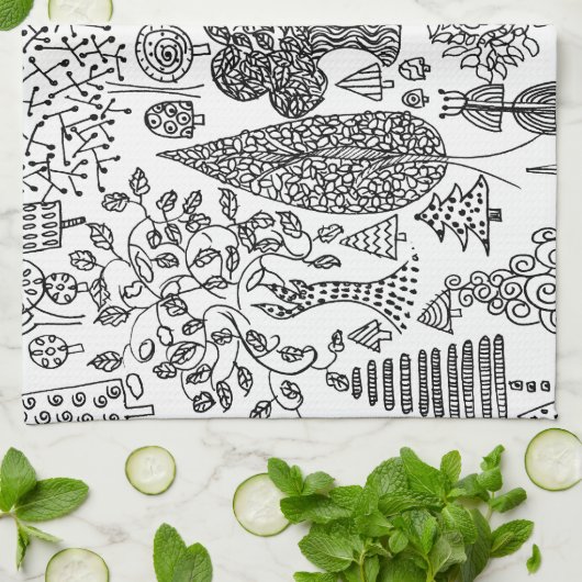 Boho Whimsical Trees Zwart-wit Patroon Theedoek (Gevouwen)