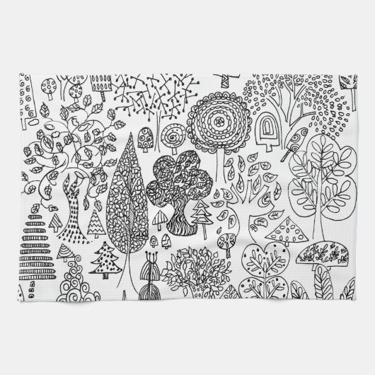 Boho Whimsical Trees Zwart-wit Patroon Theedoek (Horizontaal)