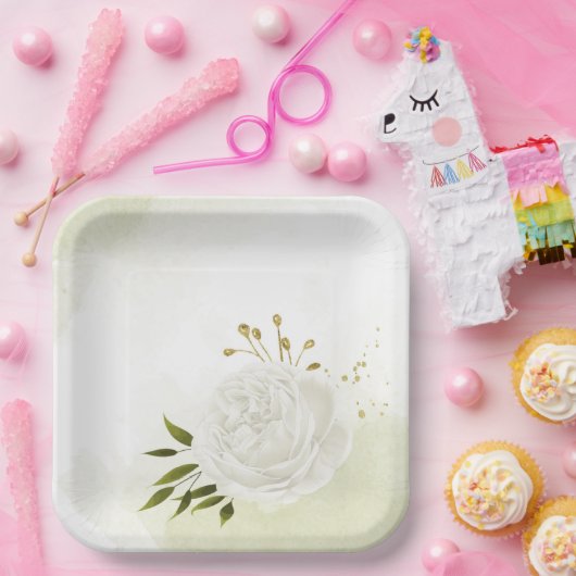 Boho white bloemen groene bladeren botanische papieren bordje (Feest)