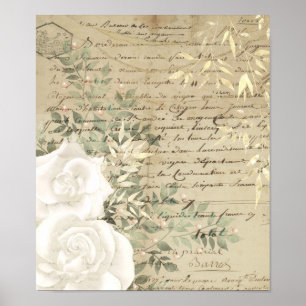 Boho White Floral Greenery Script Lettering Gold Poster