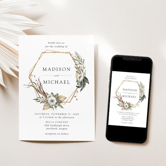 Boho White Floral & Greenery Wedding Kaart