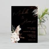 Boho White Floral Script Black Wedding Roos Gold Folie Uitnodiging (Staand Voorkant)