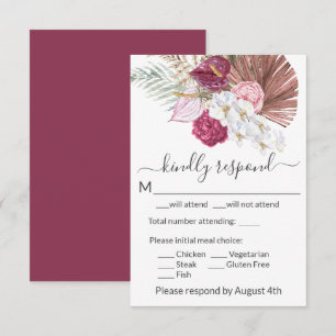 Boho White Orchids Blush Burgundy Floral Wedding RSVP Kaartje