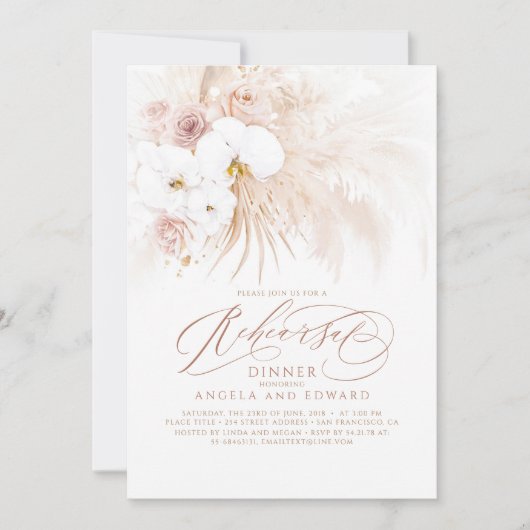 Boho White Orchids Pampas Grass Rehearsal Dinner Kaart (Voorkant)
