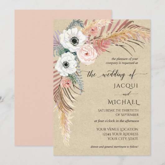 Boho White Pink Floral Pampas Grass Foliage Kraft Kaart (Voorkant / Achterkant)