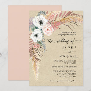 Boho White Pink Floral Pampas Grass Foliage Kraft Kaart