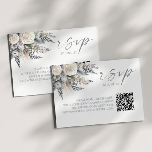 Boho White Rose Bloemen QR Code Huwelijk RSVP Kaar
