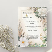 Boho White Rose Eucalyptus Gold Invitation