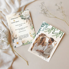 Boho White Rose Eucalyptus Gold Invite Kaart