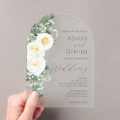 Boho White Rose Floral | Eucalyptus Weddenschap Acryl Uitnodigingen (Insitu (Draagbaar))