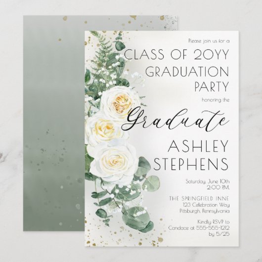 Boho White Roses Eucalyptus Graduation Party Kaart (Voorkant / Achterkant)