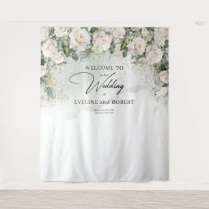Boho White Roses groen en gouden bruiloft Wandkleed