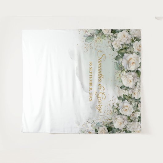 Boho White Roses groen en gouden bruiloft Wandkleed (Voorkant (horizontaal))