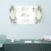 Boho WhiteRose Floral Eucalyptus Baptism God zegen Spandoek (Beurs)