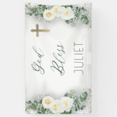 Boho WhiteRose Floral Eucalyptus Baptism God zegen Spandoek (Verticaal)