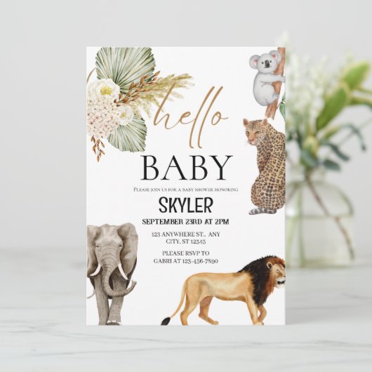 Boho Wild Animaux "Hello Baby" Douche Invitation (Debout devant)