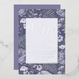 Boho Wild Flowers Paars en Silver Script Weddensch Folie Uitnodiging