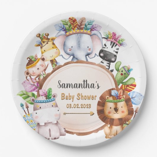 Boho Wild Giraffe Zebra Elephant Baby shower Paper Papieren Bordje (Voorkant)